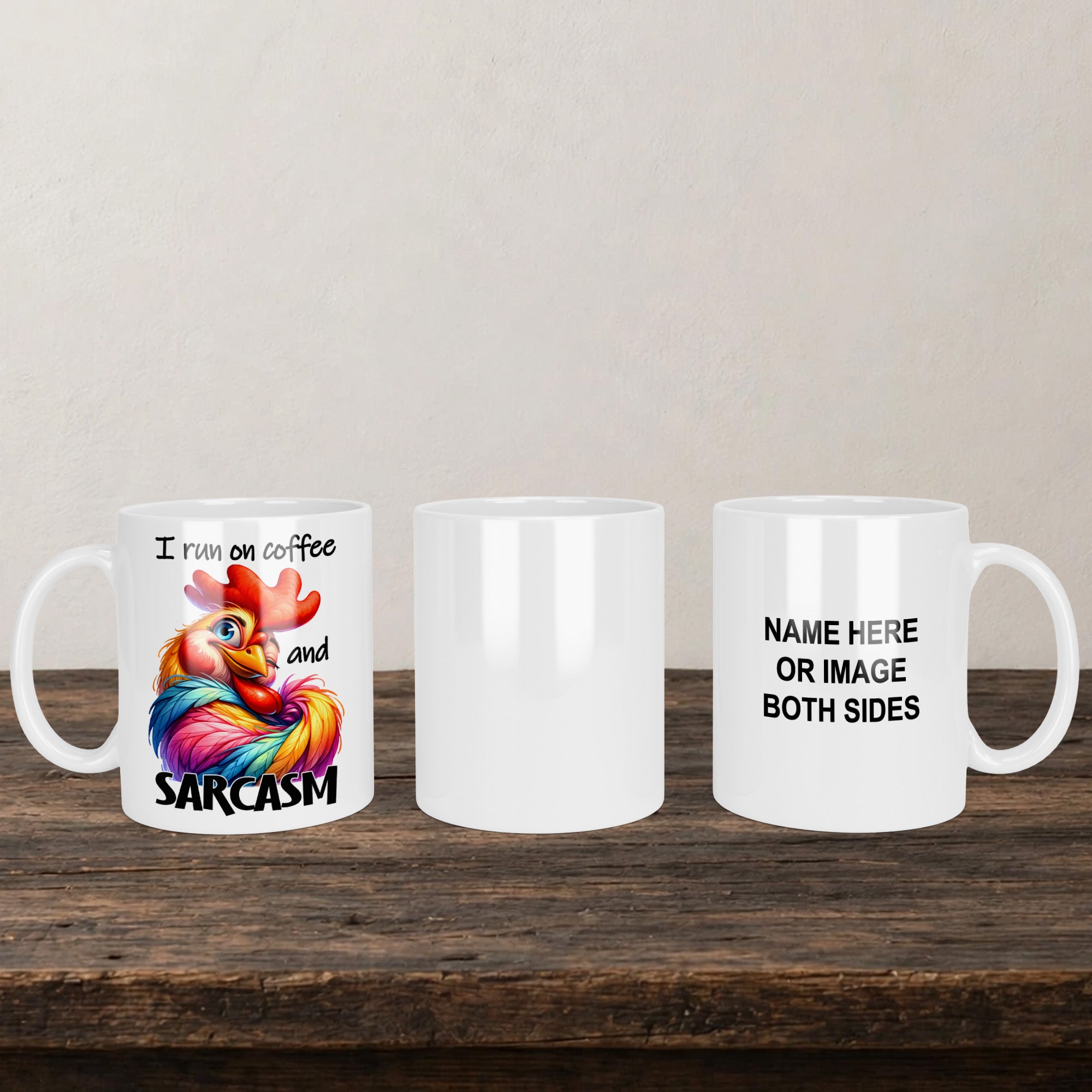 I Run On Coffee And Sarcasm Mug back view - white ceramic printed mug by Perrys Prints