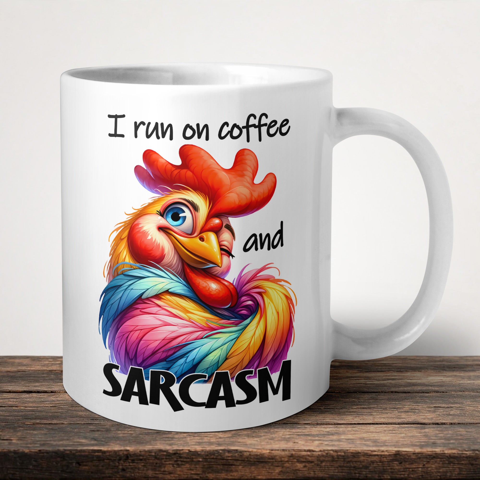 I Run On Coffee And Sarcasm Mug front view - white ceramic printed mug by Perrys Prints