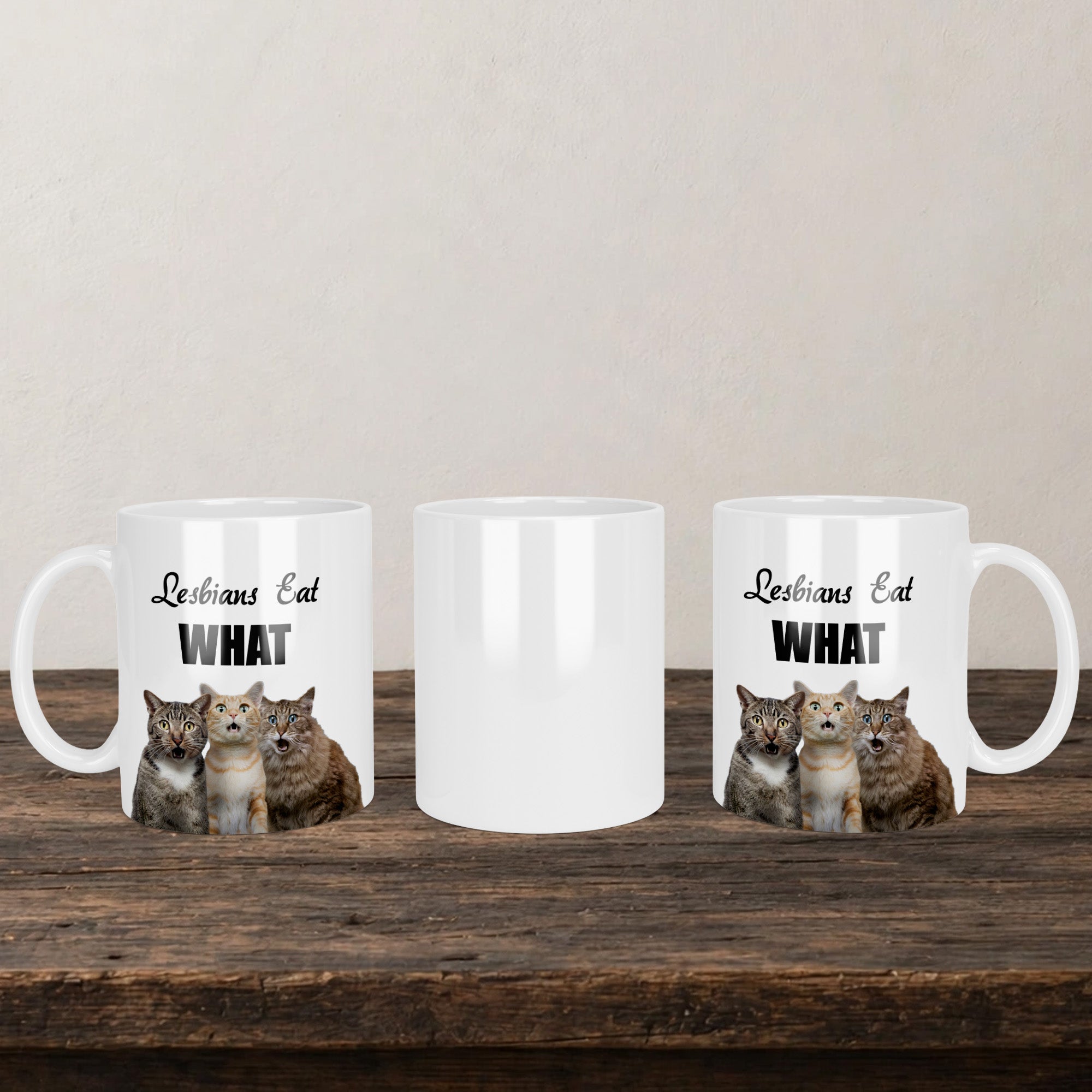 Lesbians Eat What Mug back view - white ceramic printed mug by Perrys Prints