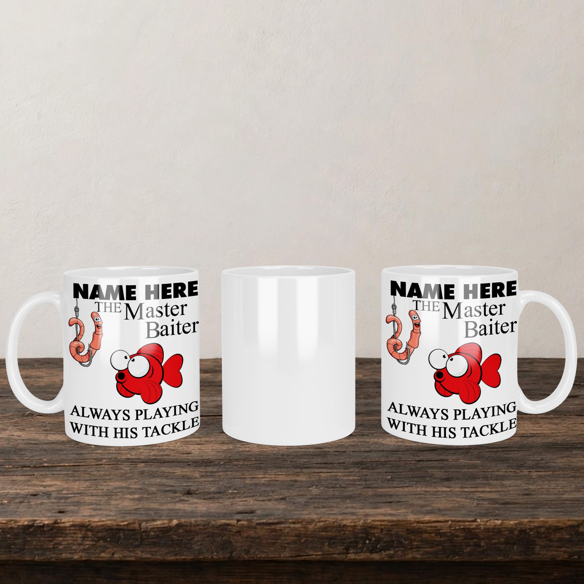 Master Baiter Always Playing With His Tackle Mug back view - white ceramic printed mug by Perrys Prints