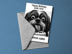Mmmmm Cake Personalised Birthday Card back view - funny greeting card by Perrys Prints