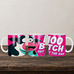 Moo Bitch Get Out The Hay Funny Mug back view - white ceramic printed mug by Perrys Prints