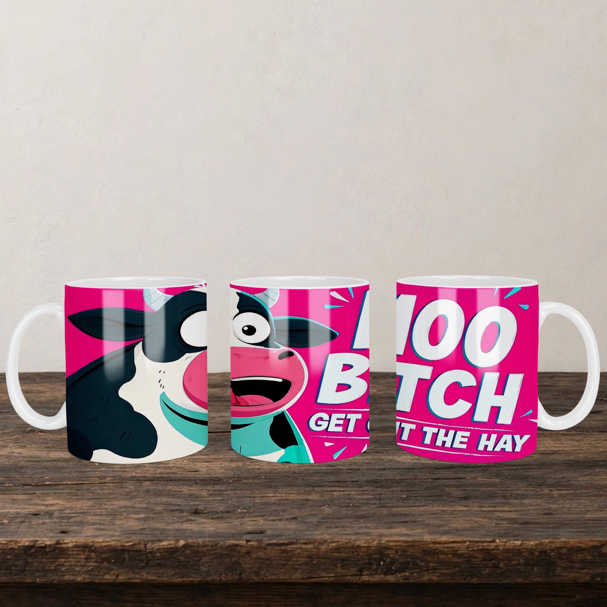 Moo Bitch Get Out The Hay Funny Mug back view - white ceramic printed mug by Perrys Prints