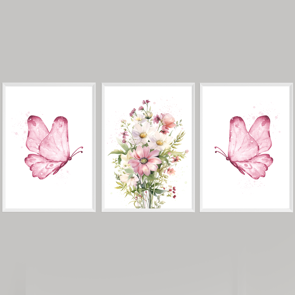 Butterflies With Flowers Three Piece Picture Wall Art Print
