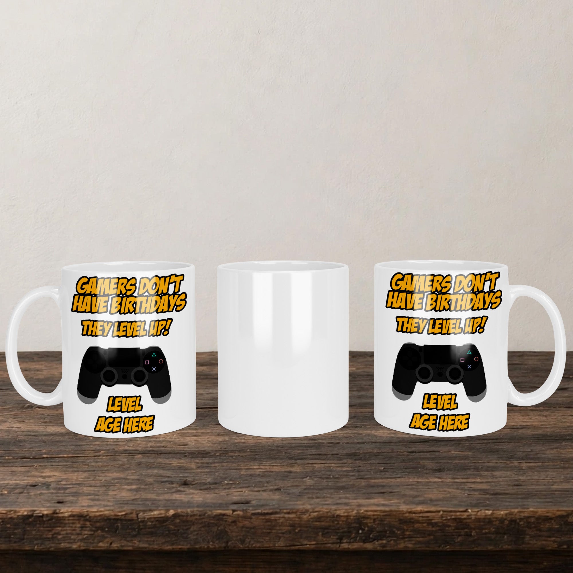 Gamers Don't Have Birthdays They Level Up Playstation Mug back view - white ceramic printed mug by Perrys Prints