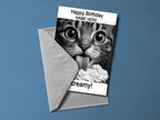 So Creamy Cat Personalised Birthday Card back view - funny greeting card by Perrys Prints