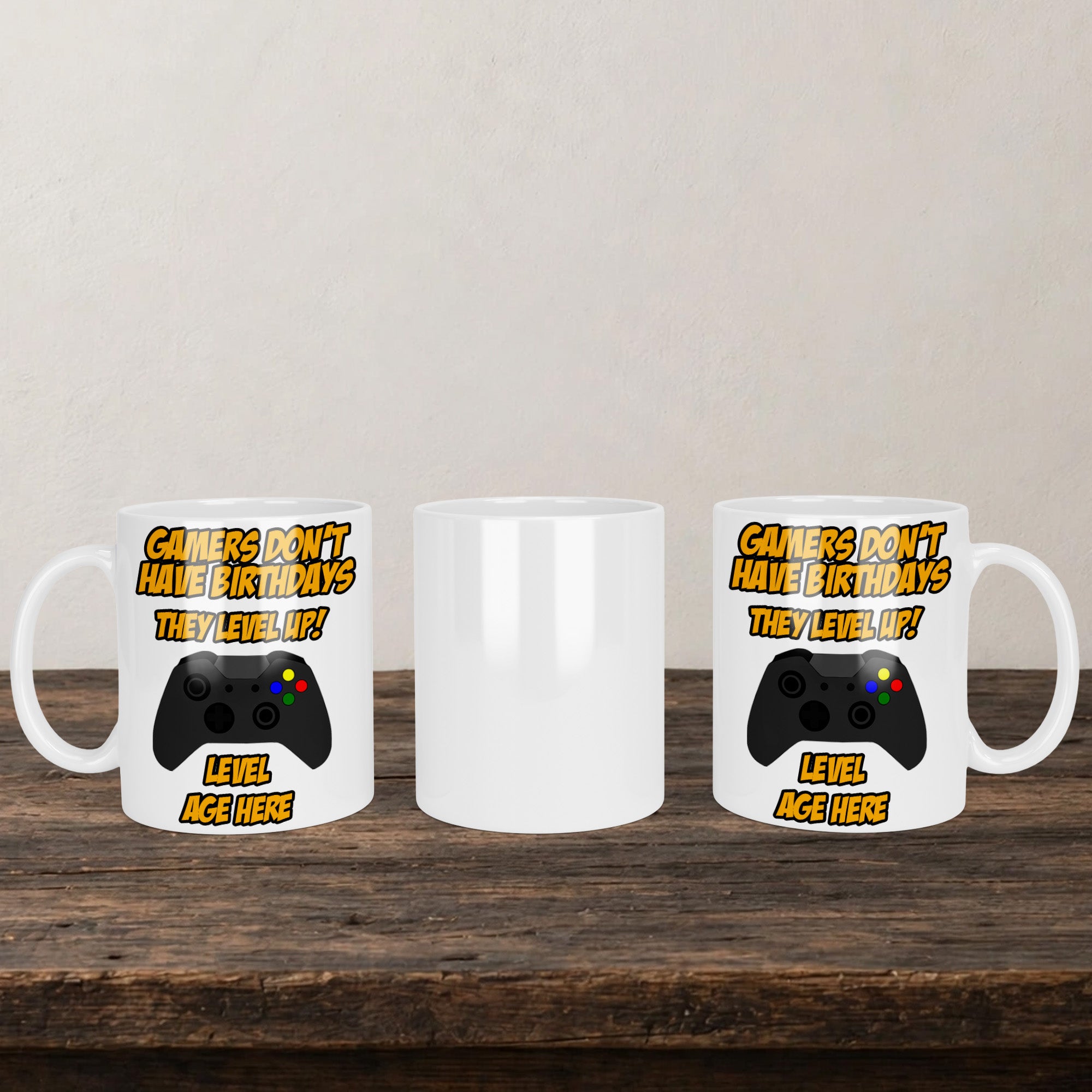 Gamers Don't Have Birthdays They Level Up Xbox Mug back view - white ceramic printed mug by Perrys Prints